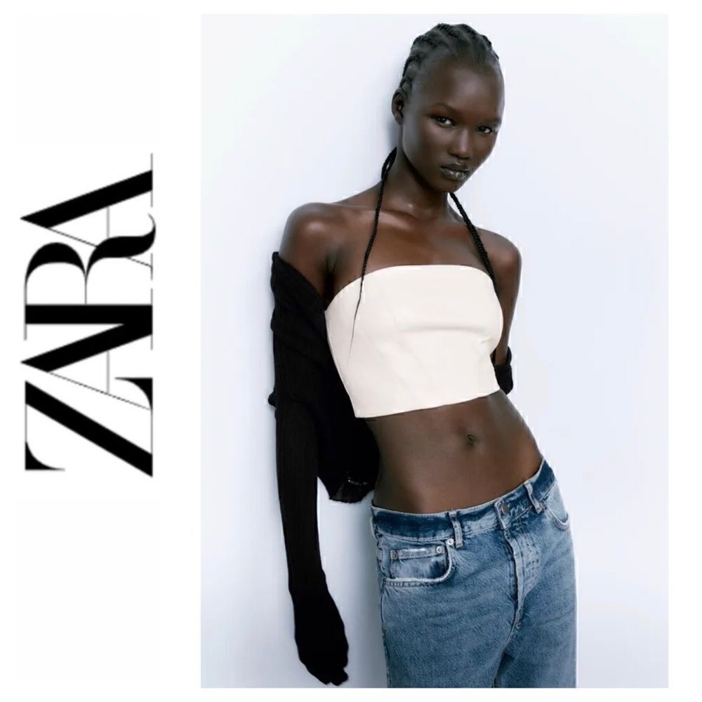 NWOT Zara Faux Leather Strapless Corset Crop Top in Ecru, Size Small